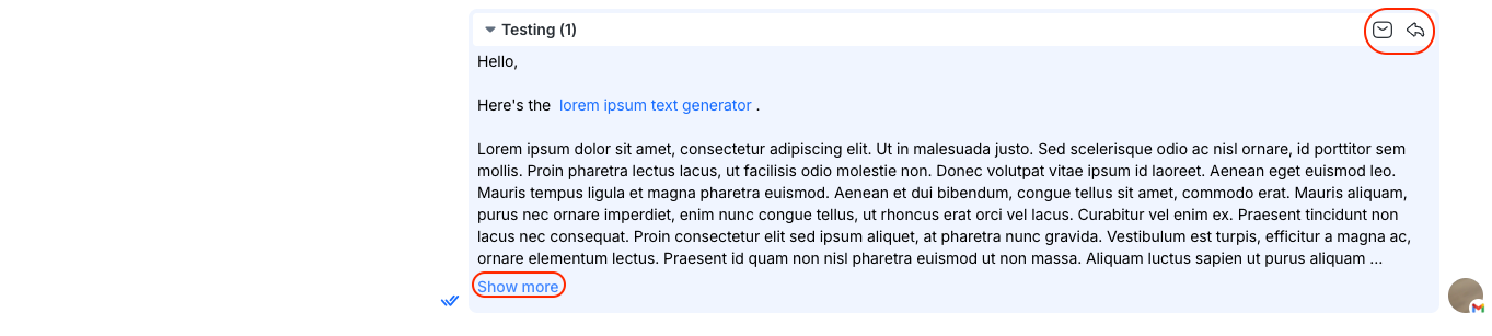 Quick actions for sent and received emails.