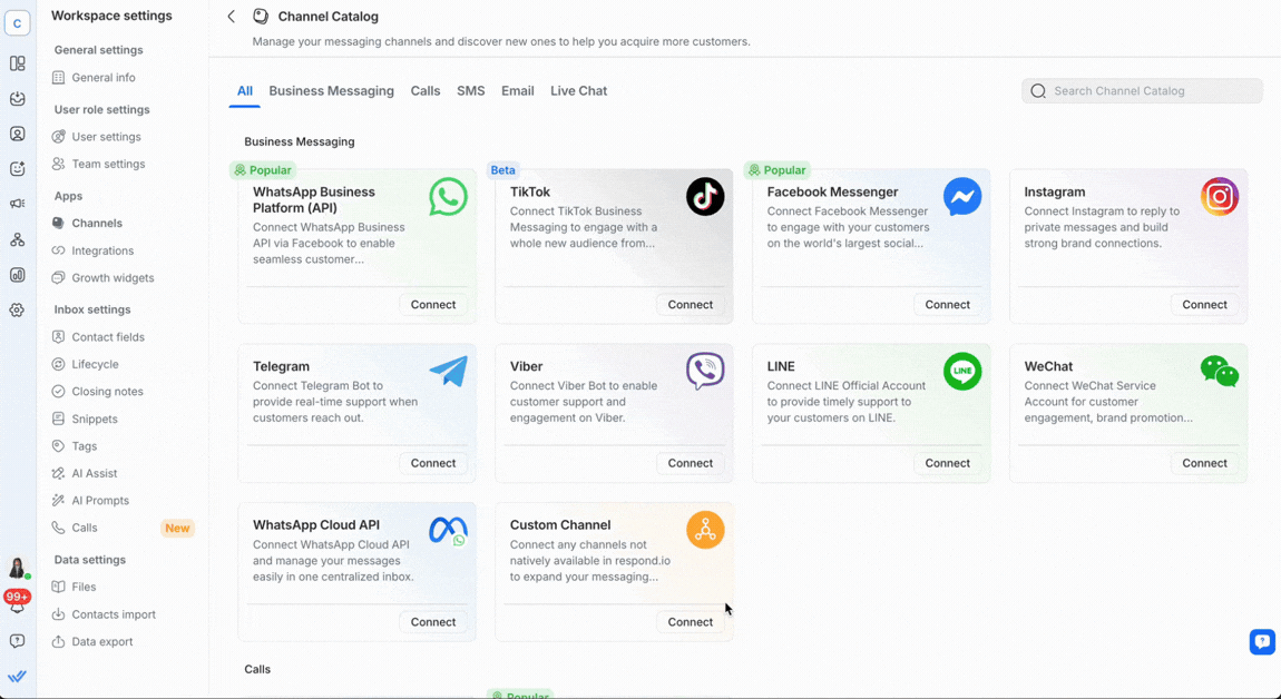 This is a GIF showing respond.io's supported channels