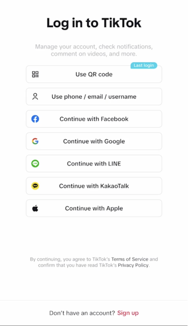 A screenshot of the sign in page on TikTok