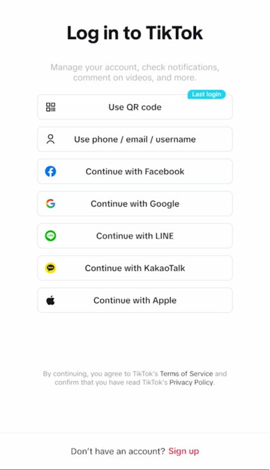 A screenshot of the sign in page on TikTok