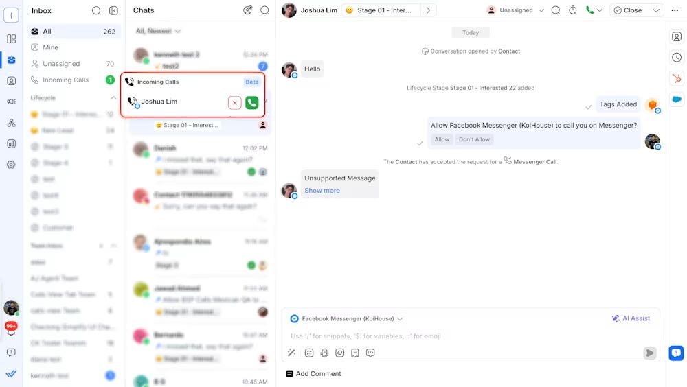 Incoming calls on Messenger.