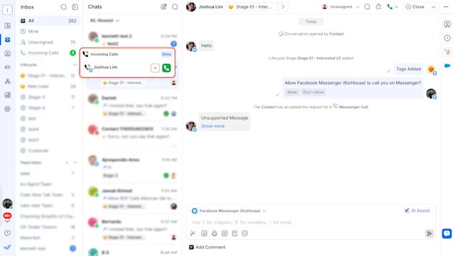 Incoming calls on Messenger.