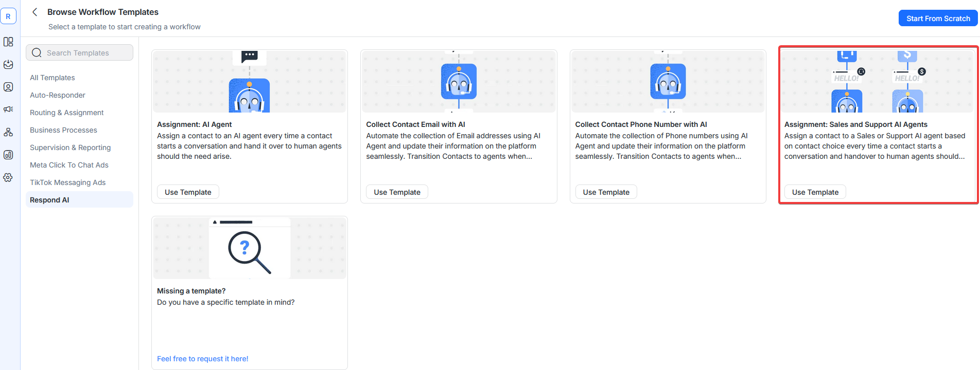 A screenshot showing the Assignment to Sales or Support AI Agents Workflow template