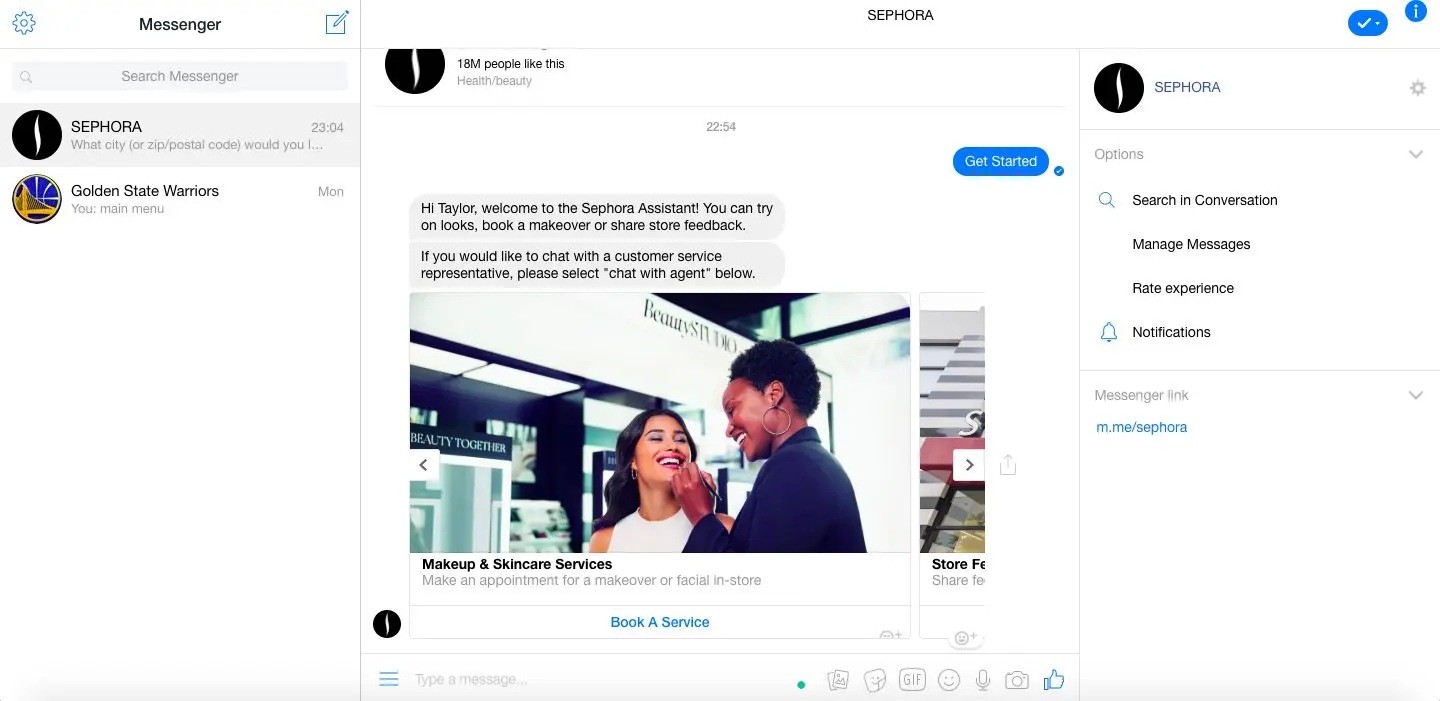 Ảnh chụp màn hình bắt đầu cuộc trò chuyện trên Facebook Messenger với trợ lý Sephora