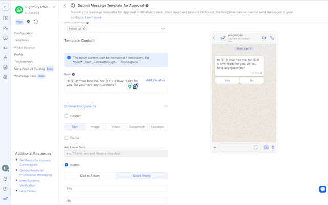 Image showing how a quick reply will look like once approved.