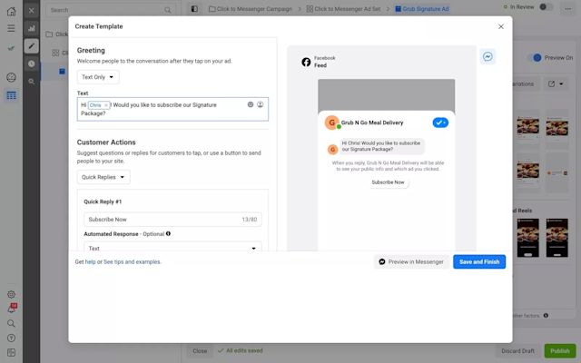Screenshot showing how you can set up automated messages to use in your Facebook Messenger marketing strategy. You can ask questions and set quick replies for leads to choose from.