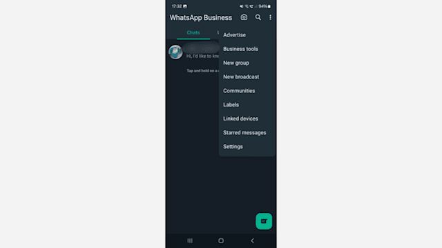 An screenshot of the WhatsApp Business App. To start a new broadcast list, tap on the three-dot menu on the top right