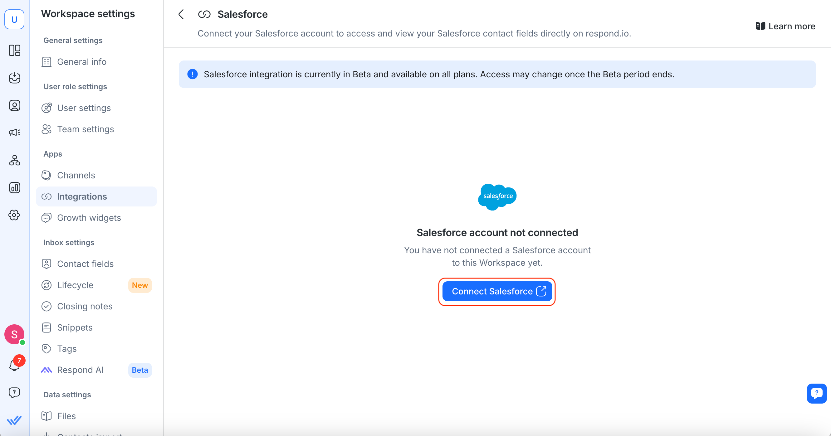 Una captura de pantalla que muestra la página de conexión de Salesforce en respond.io