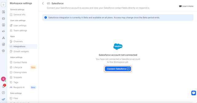 A screenshot showing the Salesforce connection page on respond.io