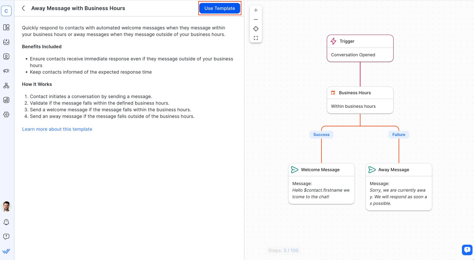 This image shows how to view a Workflow template in respond.io