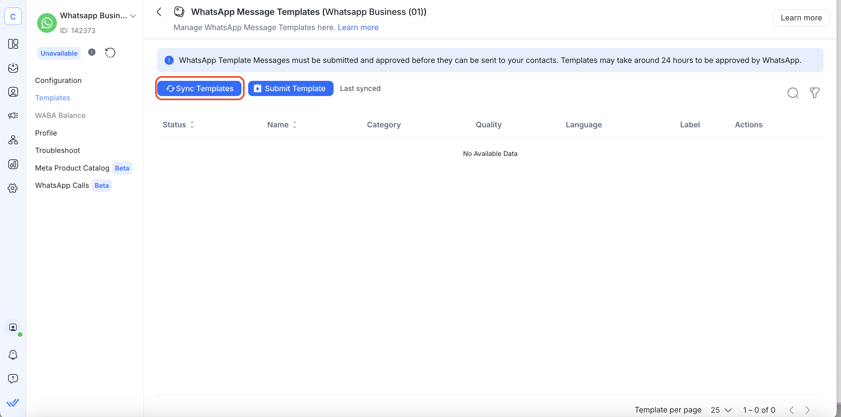 This image shows how to submit a Template WhatsApp Message with respond.io. Sync Template Messages to refresh their status.