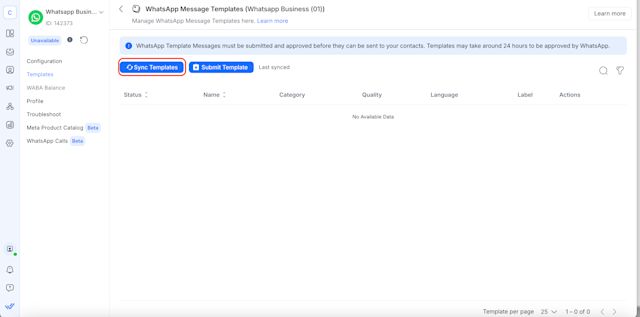 This image shows how to submit a Template WhatsApp Message with respond.io. Sync Template Messages to refresh their status.