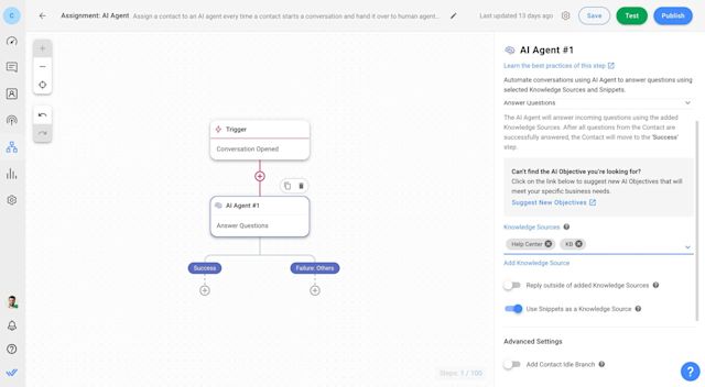 This image shows how to create a AI virtual agent on respond.io's Workflows.