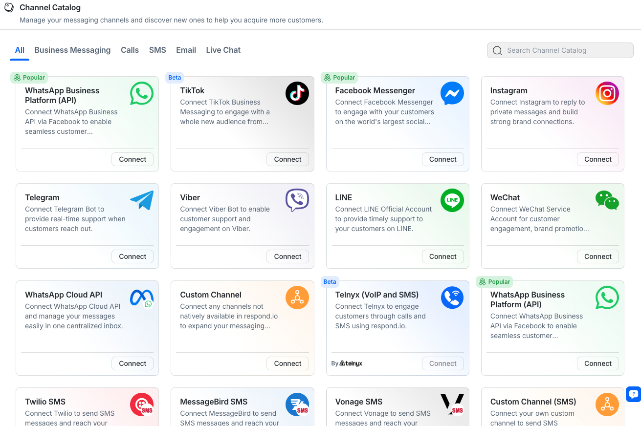 This image shows the communication channels supported on respond.io