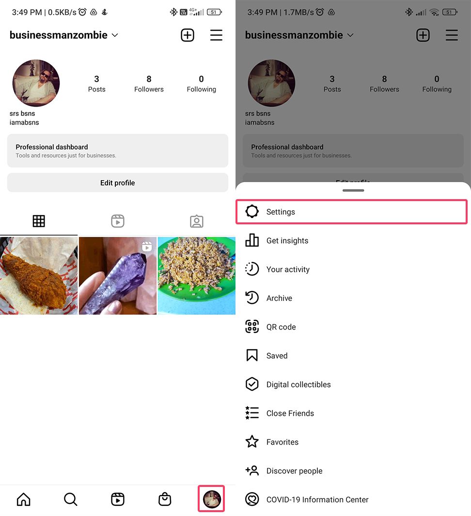 blue tick on Instagram: open your profile and go to settings