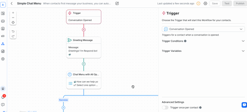 A gif showing the steps to create a simple chat menu from respond.io's Workflows automation builder template