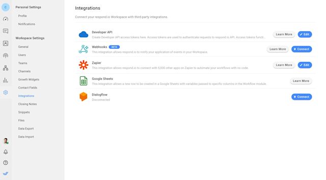 This image shows respond.io's native integrations 