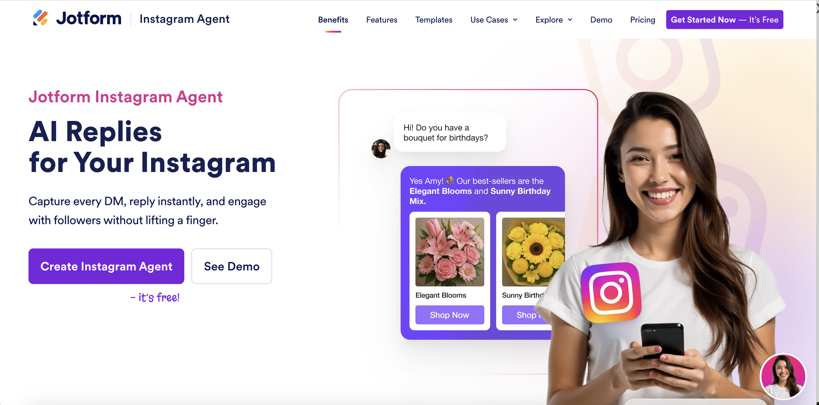 Screenshot showing Jotform's Instagram AI Agent, one of the top Instagram chatbots