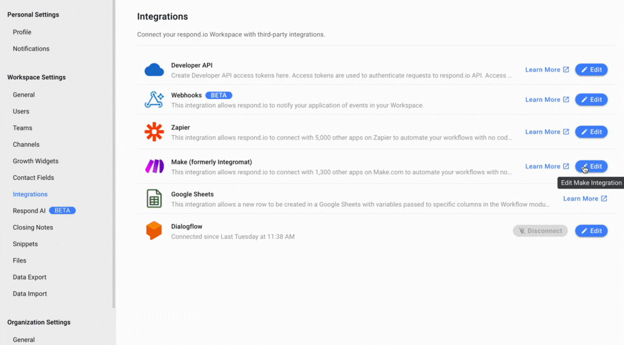 Integrate Make with respond.io