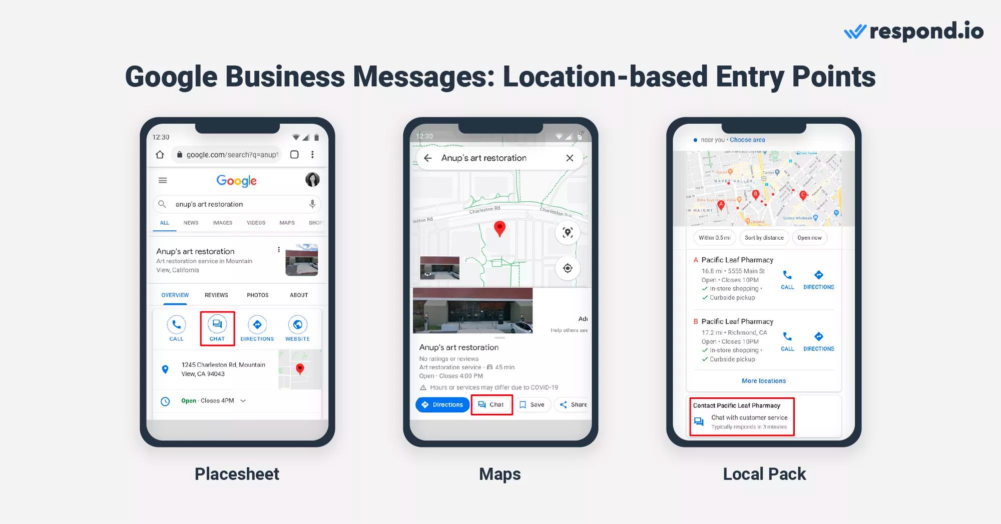 Questa immagine mostra i messaggi commerciali I punti di ingresso basati sulla posizione di Google: Placesheet, Maps e Local Pack. Essi sono benefici per le imprese per aiutare i nuovi clienti nella zona scoprirli e generare Google Business Profile Messaggi.