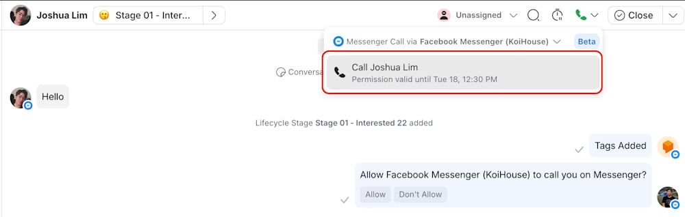 How to initiate a call on Messenger.
