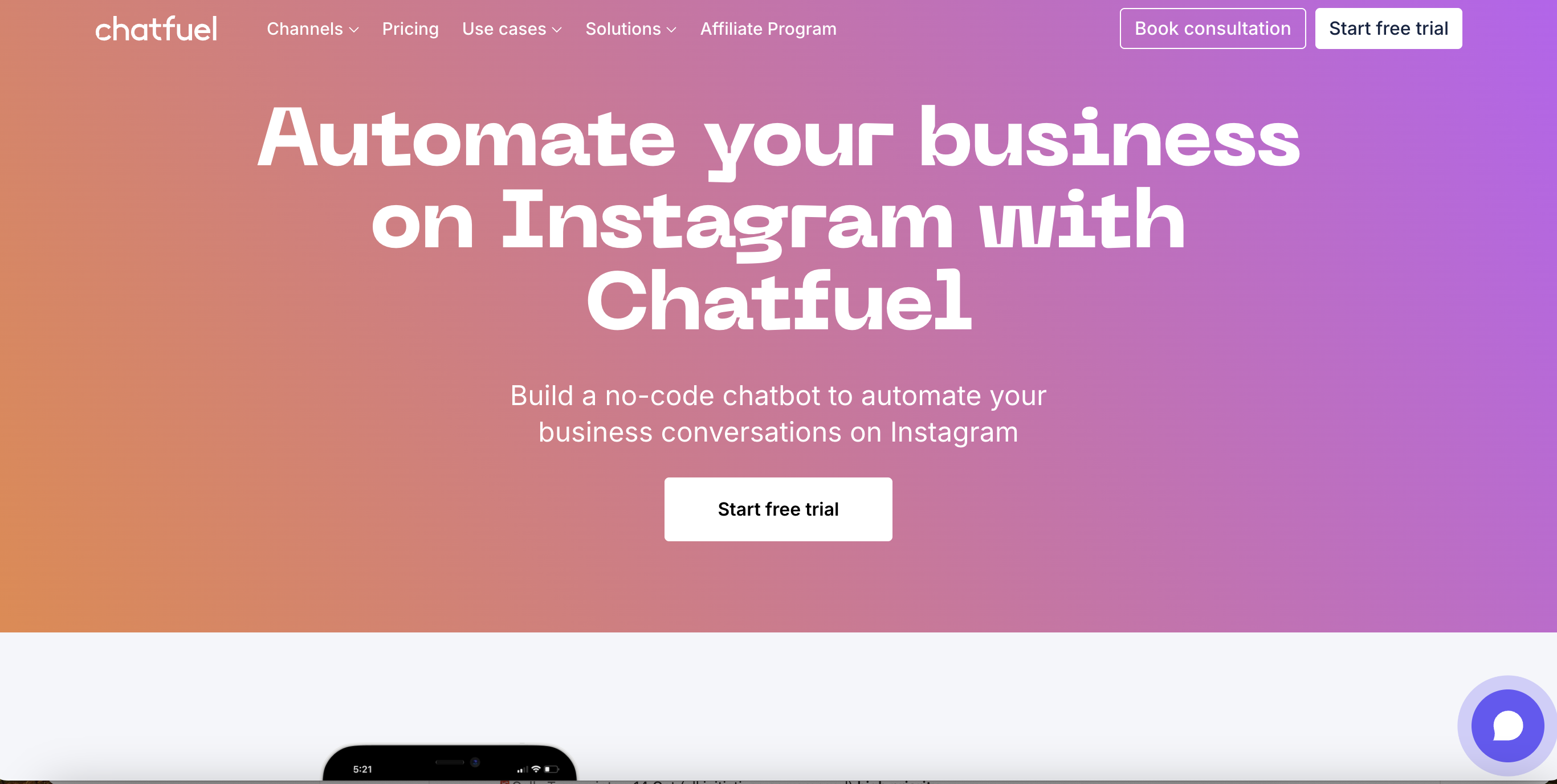 Screenshot of the landing page for Chatfuel's Instagram chatbot