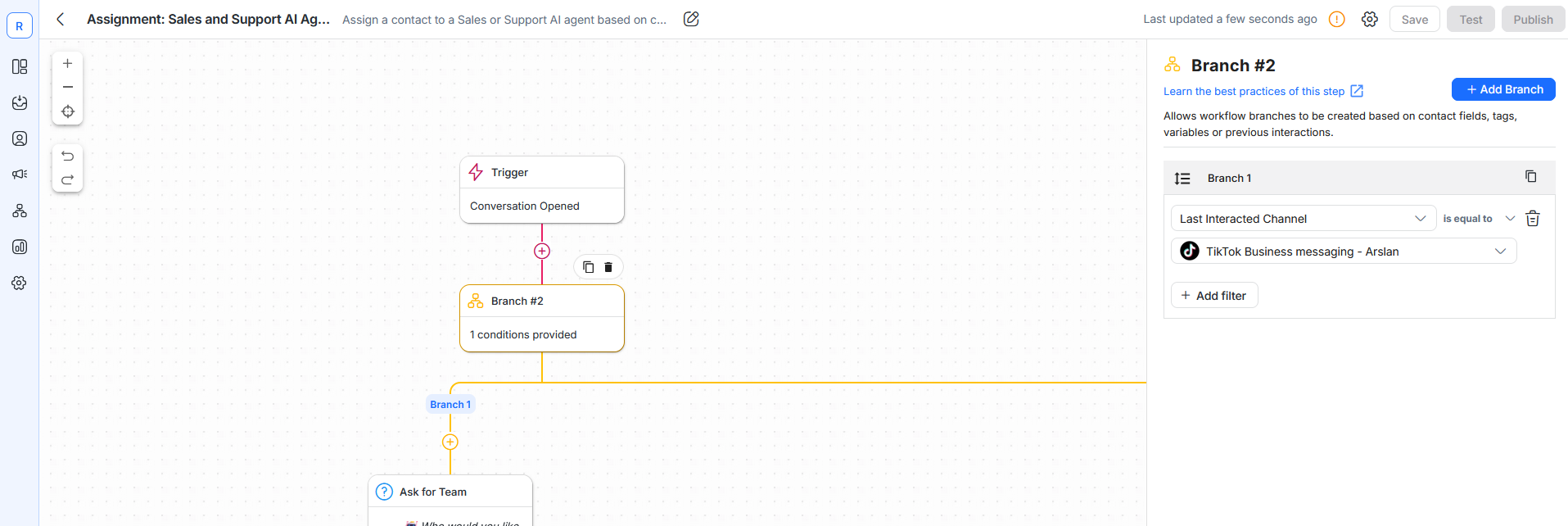 A screenshot of adding a branch in the Workflow template