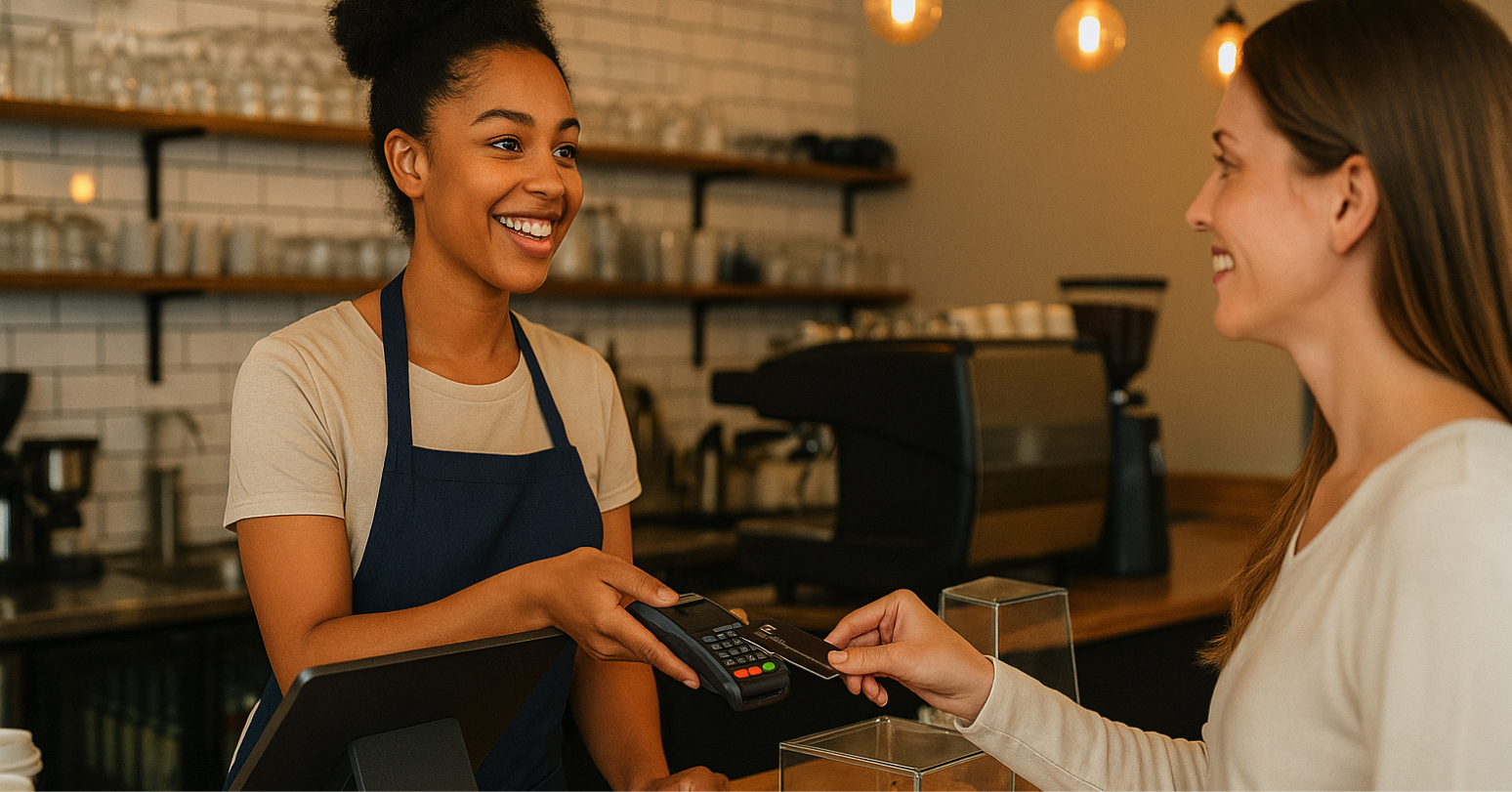woman swiping a credit card in a coffee shop