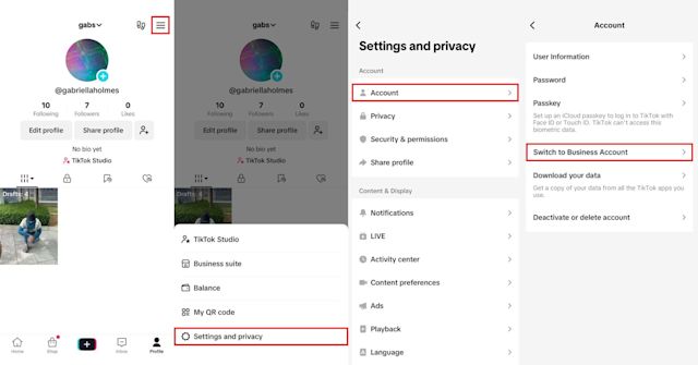 A series of screenshots showing how to swtich from TikTok Personal Account to a TikTok Business Account