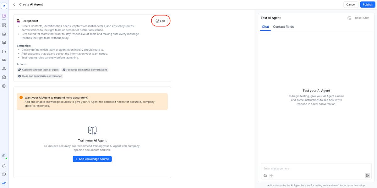 This is an image showing respond.io's AI Agent role being edited to fit specific needs or outcome