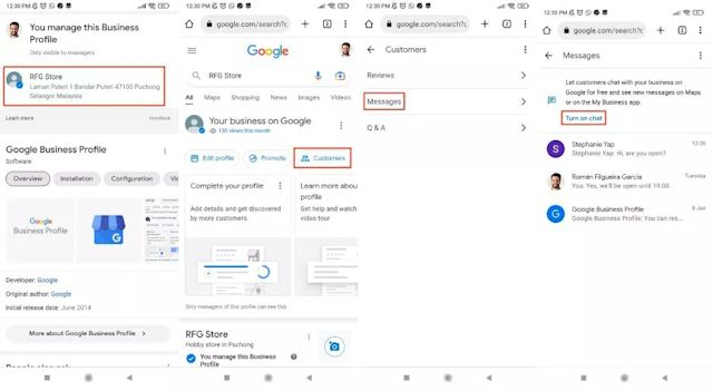 This image shows how to add chat to Google My Business on a phone. This service has recently been renamed to Business Messages Google.
