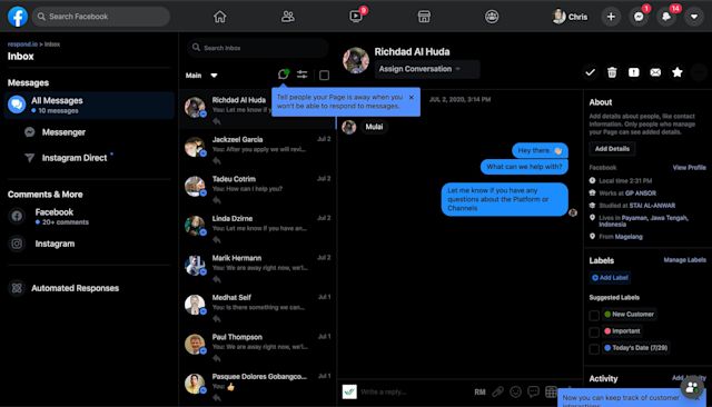 This is an image of a screenshot of Facebook Page Inbox. Page Inbox (also known as  Facebook inbox business or business manager inbox) is a free tool that allows Page owners to respond to messages received through Messenger and Instagram. Admins can use Page Inbox to assign contacts and track issues with organizational features like labels, notes and mark-as-done functions. When a Page sends too many messages in a short time period, it will be converted to a high-MPS (messages per second) Page and lose access to Page Inbox. When that happens you’ll have to manage messages through a Facebook Messenger API. Read our blog posts to learn how to use messenger API Facebook.
