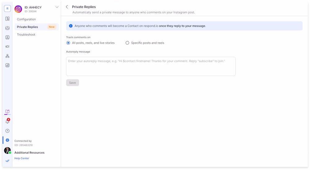 Screenshot showing how to set up an Instagram chatbot in respond.io