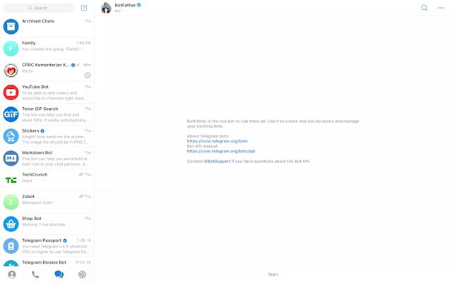 Esta é uma imagem representando a configuração da conta do Telegram. Para criar um bot, converse com o BotFather. Encontre o pai do bot procurando e depois pressione Start.