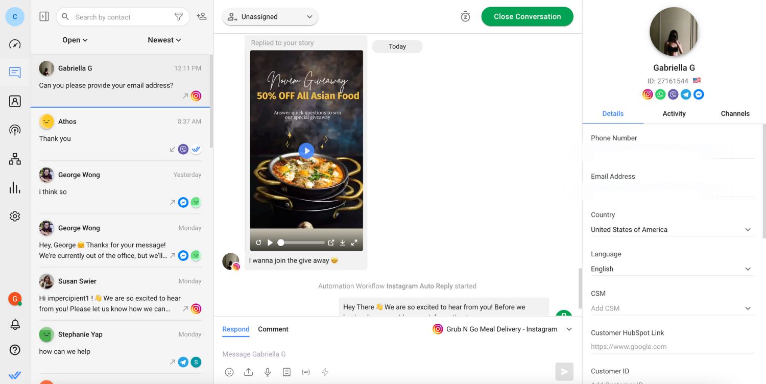 Imagen mostrando el mejor CRM para Instagram: Ejemplo de respuesta de la historia de Instagram en respond.io. Fomentar conversaciones entrantes en Instagram con ofertas promocionales y CTAs en Historias o leyendas.