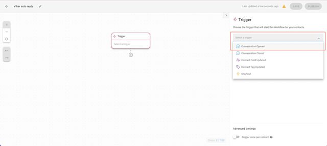 This is a screenshot of the second step of how to set auto reply in viber. Set workflow trigger to conversation open.