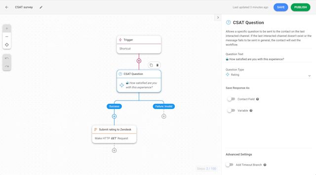 This image shows a CSAT survey built with respond.io Workflows for WeChat support teams