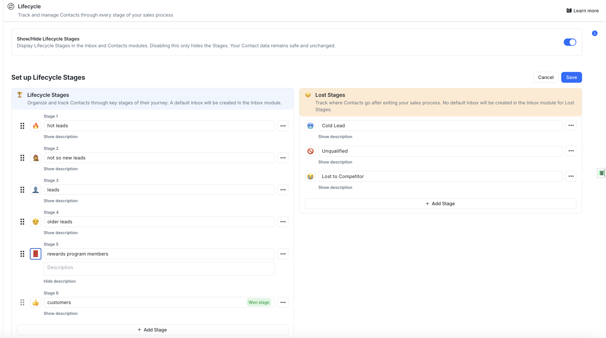 screenshot showing how to set up customer lifecycle stages in respond.io's lifecycle feature