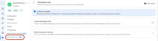 A screenshot of enabling WhatsApp Business Calling API in respond.io settings