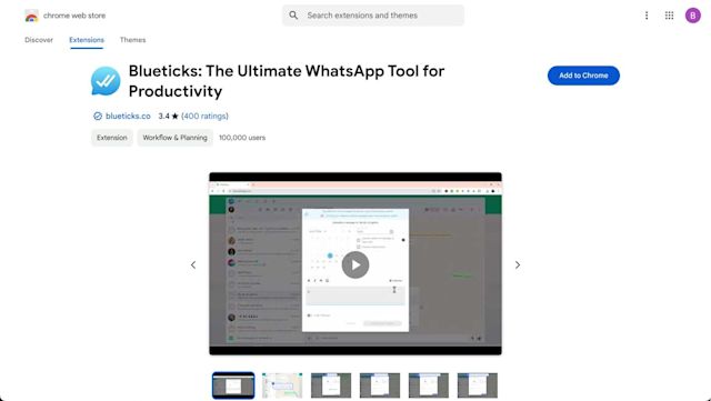 A screenshot of the Blueticks extension on Chrome Web Store for WhatsApp Web