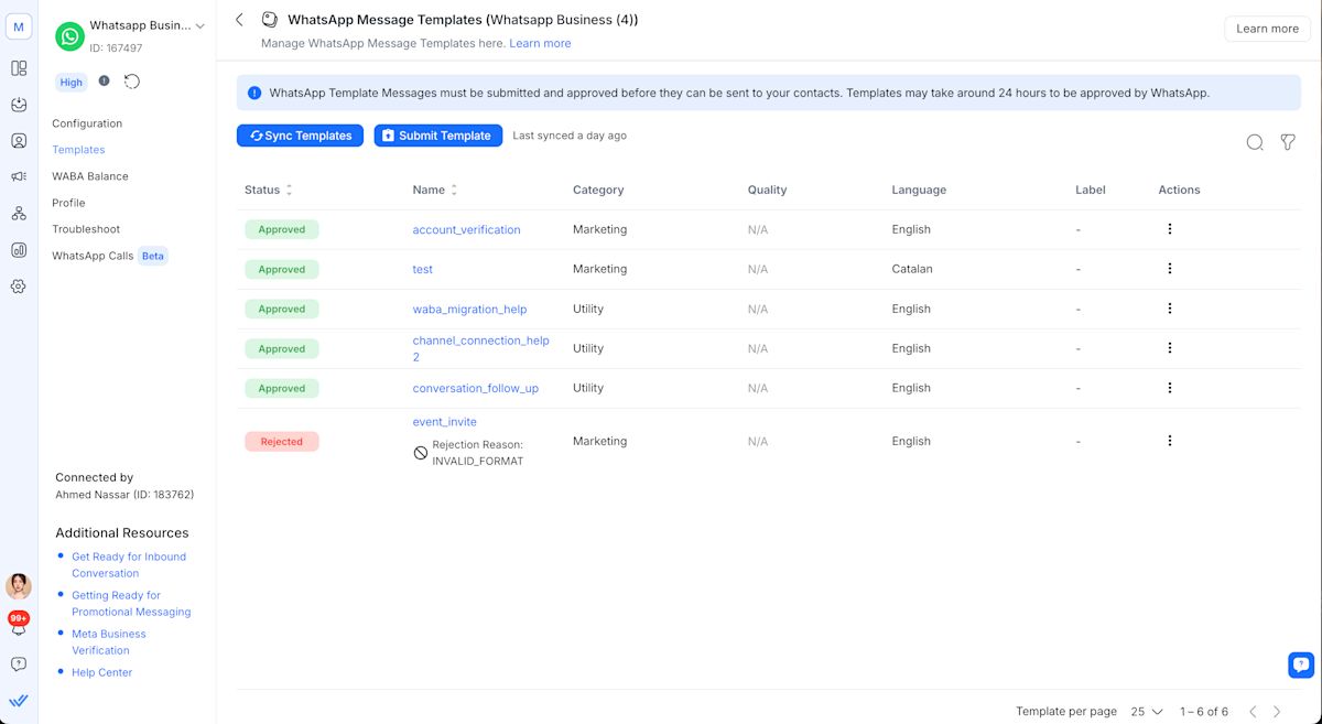 Image depicting respond.io's UI that is showing WhatsApp message templates.