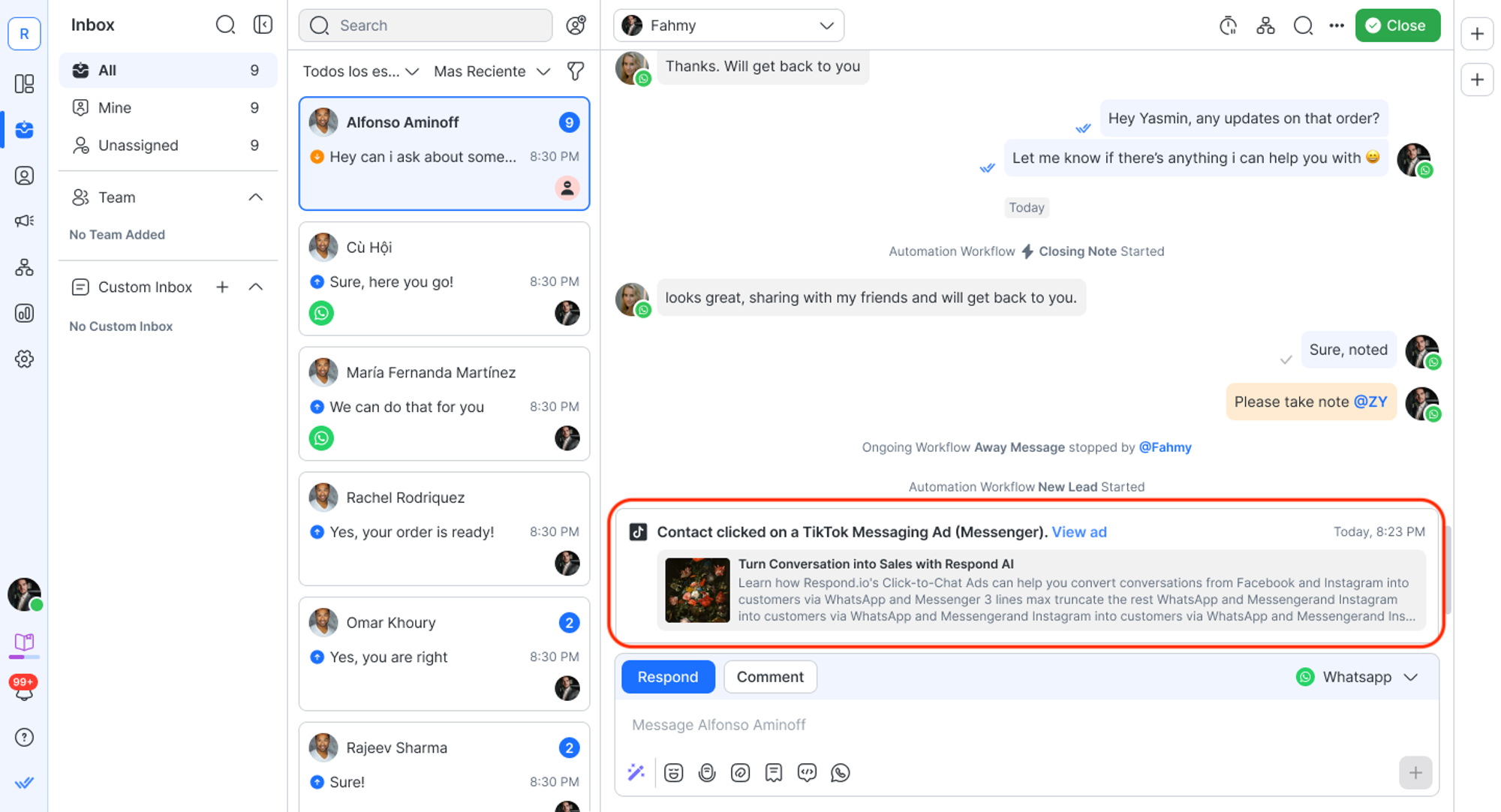 Screenshot showing how to use respond.io to track TikTok Messaging Ads performance