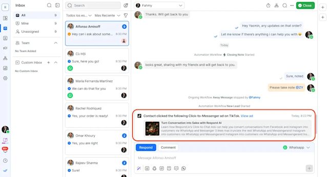 Click-to-chat ads on social media drive leads to start conversations. Respond.io tracks which ad was clicked, providing context for agents and enabling automated lead qualification.