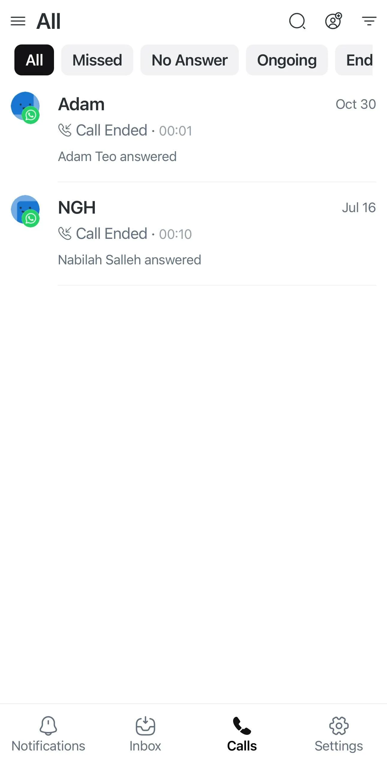 The Calls tab on mobile app.