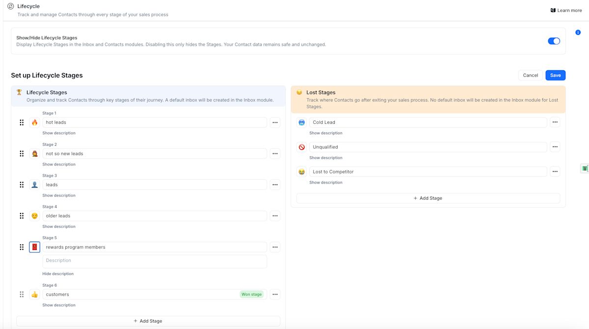 Screenshot of the Lifecycle module in respond.io. This allows businesses to manage the entire customer lifecycle as well as see in which stages leads or customers tend to drop off so that businesses can optimize.