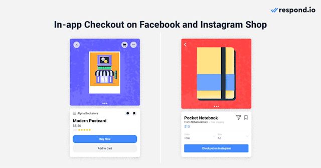 This image shows how to Facebook Pay on Facebook and Instagram Shops. Meta Pay allows customers to buy directly from Facebook and Instagram Shop in the US.