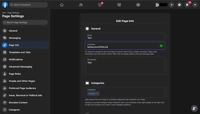 This is an image of a screenshot showing how to create a username for a Facebook page. Creating a Page username is simple. Go to Page Settings and then Page Info and enter your username. If you’ve recently created several new Pages, you may not be able to immediately create a username for a new Page.