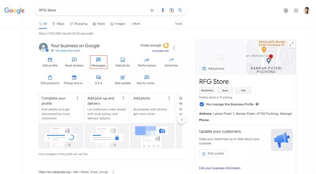 This image shows where to find the Messages feature to chat with customers. 