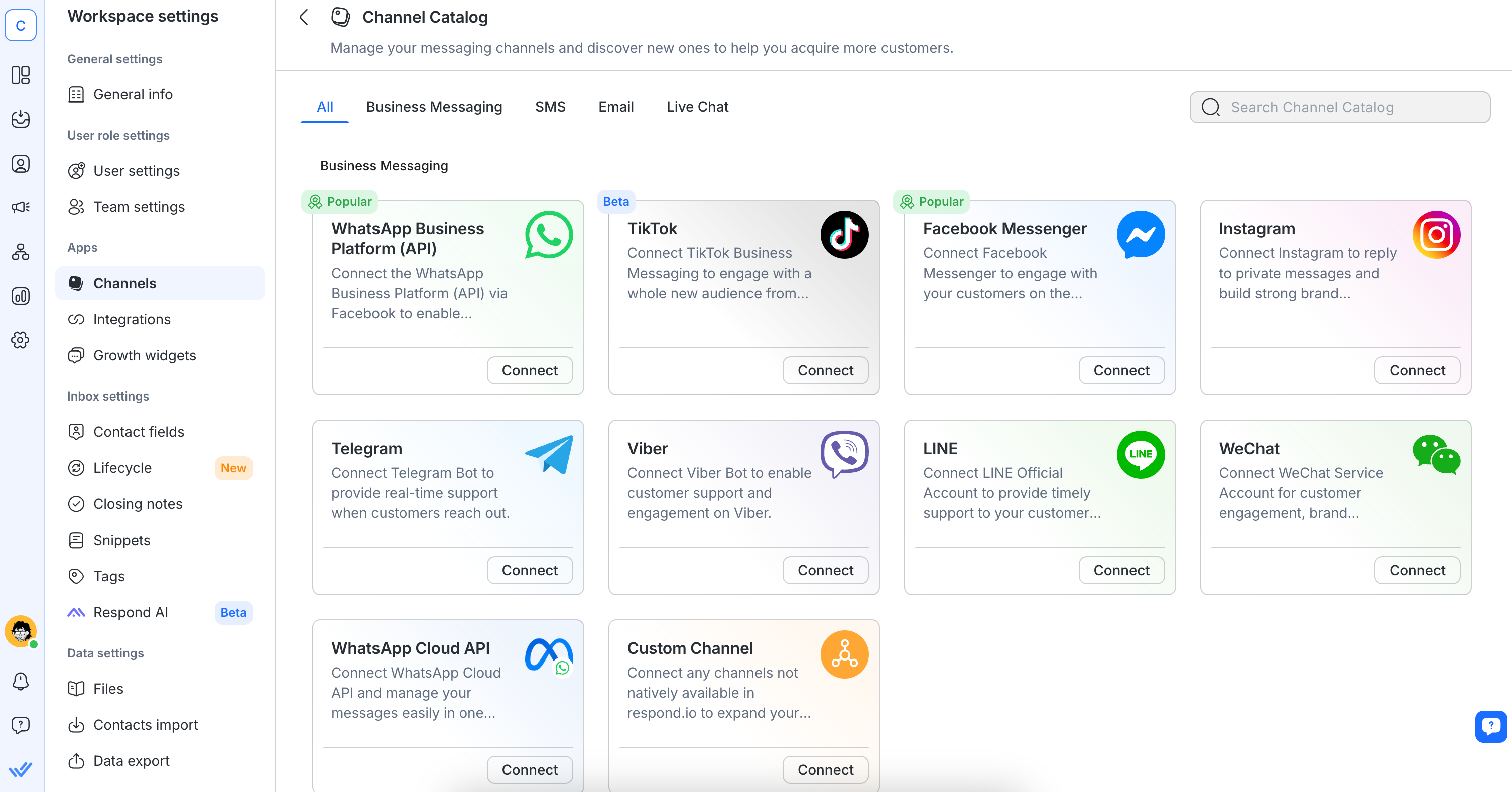 an image showing the difference channels available on respond.io, including TikTok Business Messaging