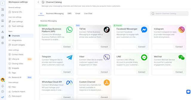 an image showing the difference channels available on respond.io, including TikTok Business Messaging
